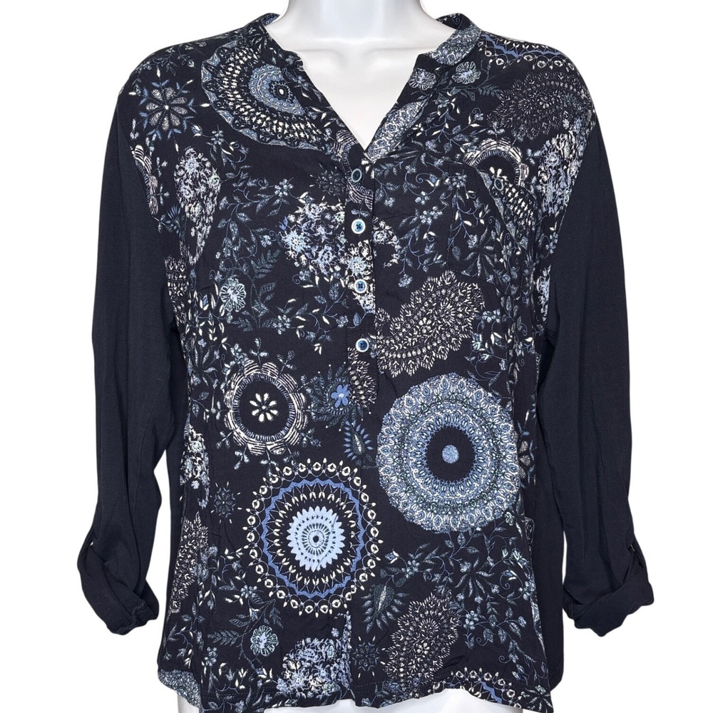 LLOYDS‎ Womens Black Blue Medallion Floral Print Long Sleeve Henley Shirt Size M